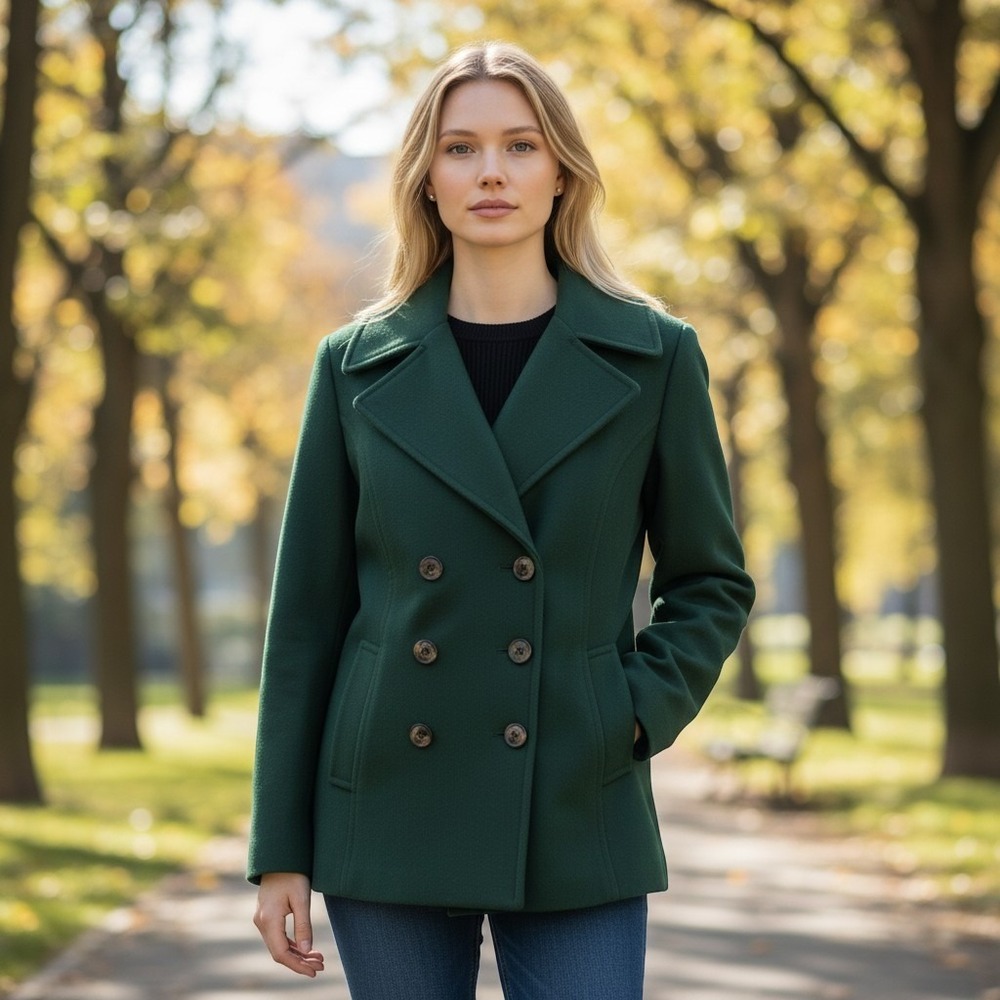 Simply Styled By Sears Forest Green Peacoat double-breasted wide notched lapel L